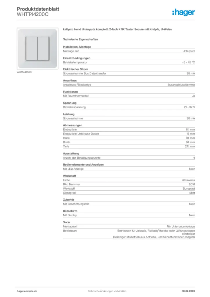 Bild Hager Produktdatenblatt WHTT44200C | Hager Schweiz