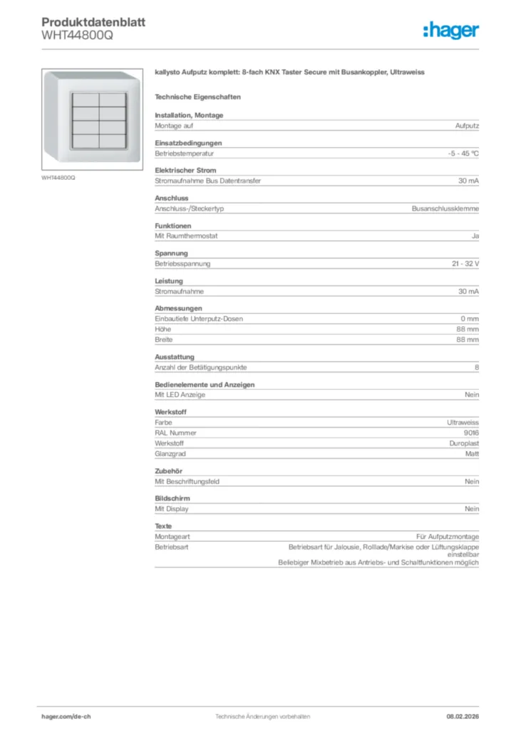 Bild Hager Produktdatenblatt WHT44800Q | Hager Schweiz