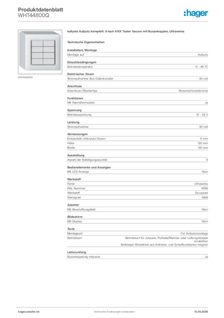 Bild Hager Produktdatenblatt WHT44800Q | Hager Schweiz