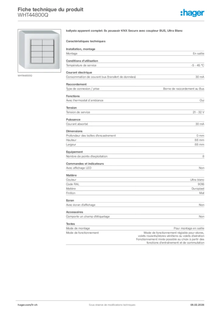 Image Hager Fiche technique du produit WHT44800Q | Hager Suisse