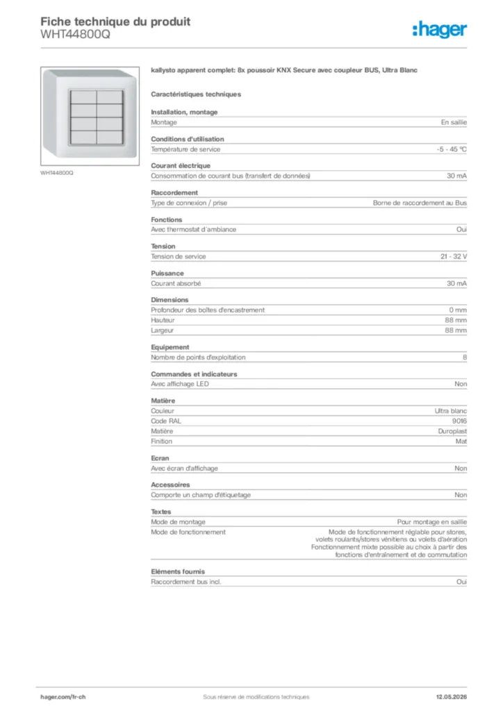Image Hager Fiche technique du produit WHT44800Q | Hager Suisse