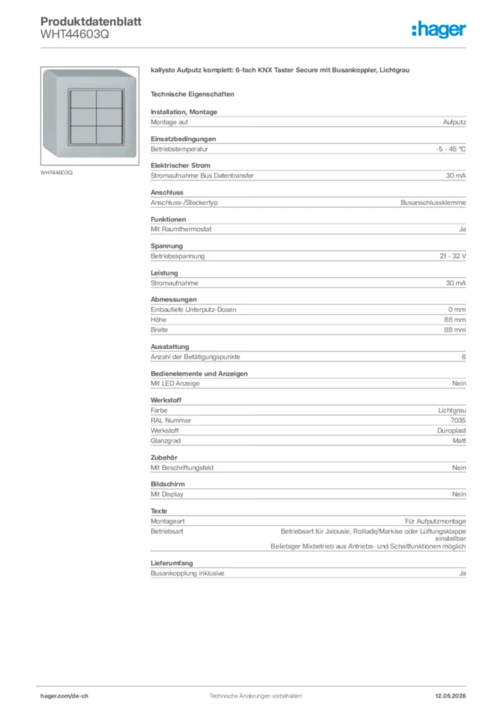 Bild Hager Produktdatenblatt WHT44603Q | Hager Schweiz