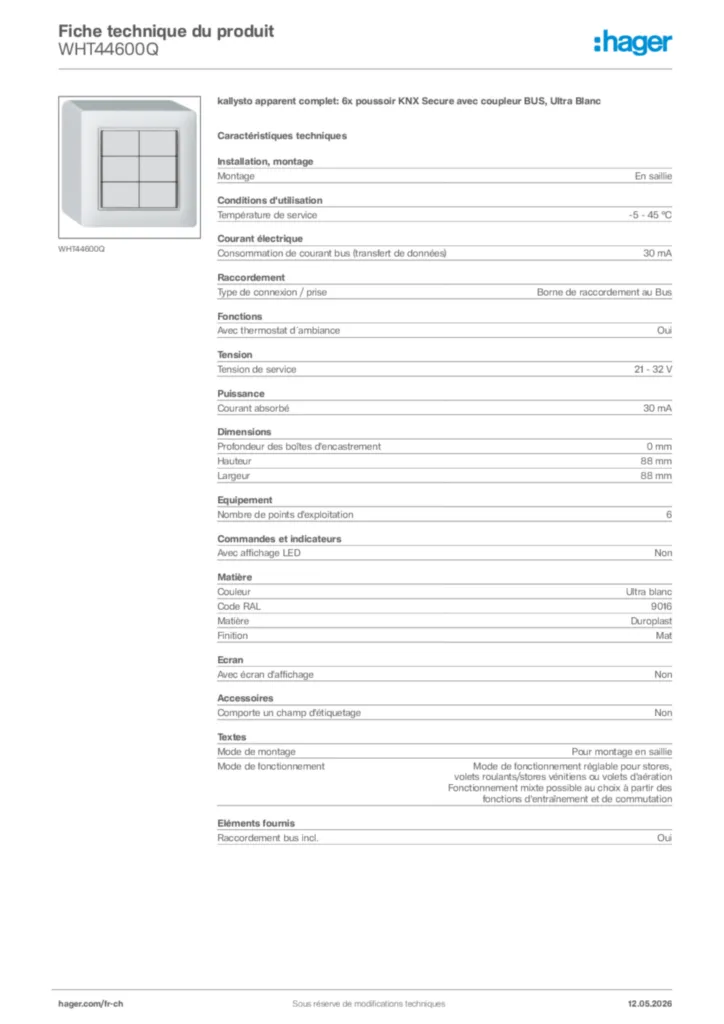 Image Hager Fiche technique du produit WHT44600Q | Hager Suisse