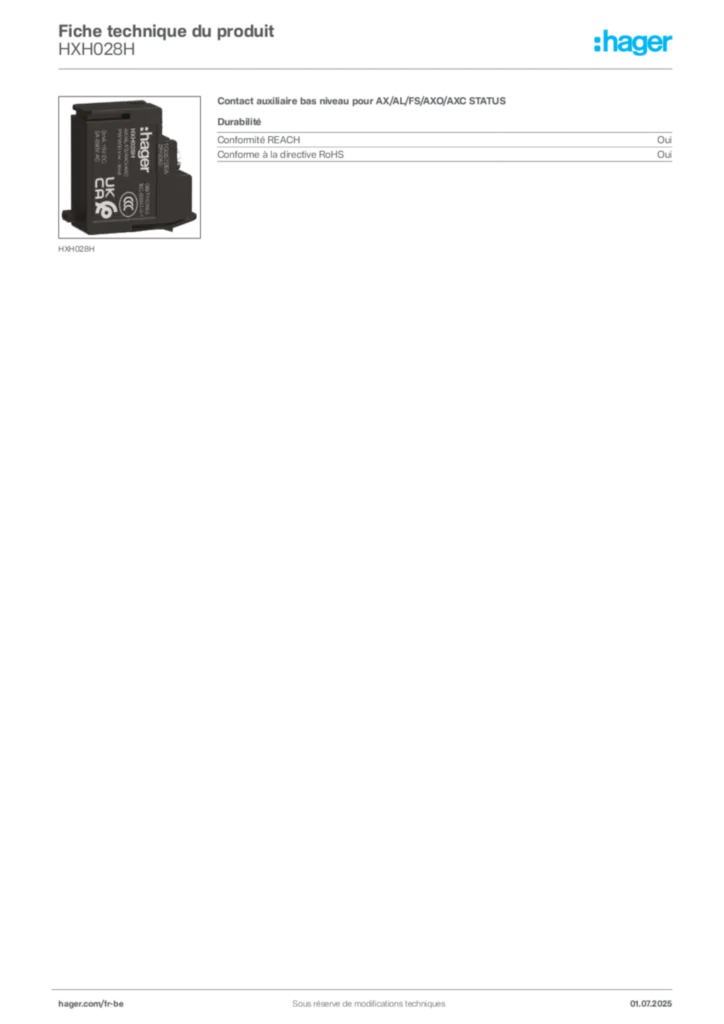 Image Hager Fiche technique du produit HXH028H | Hager Belgique