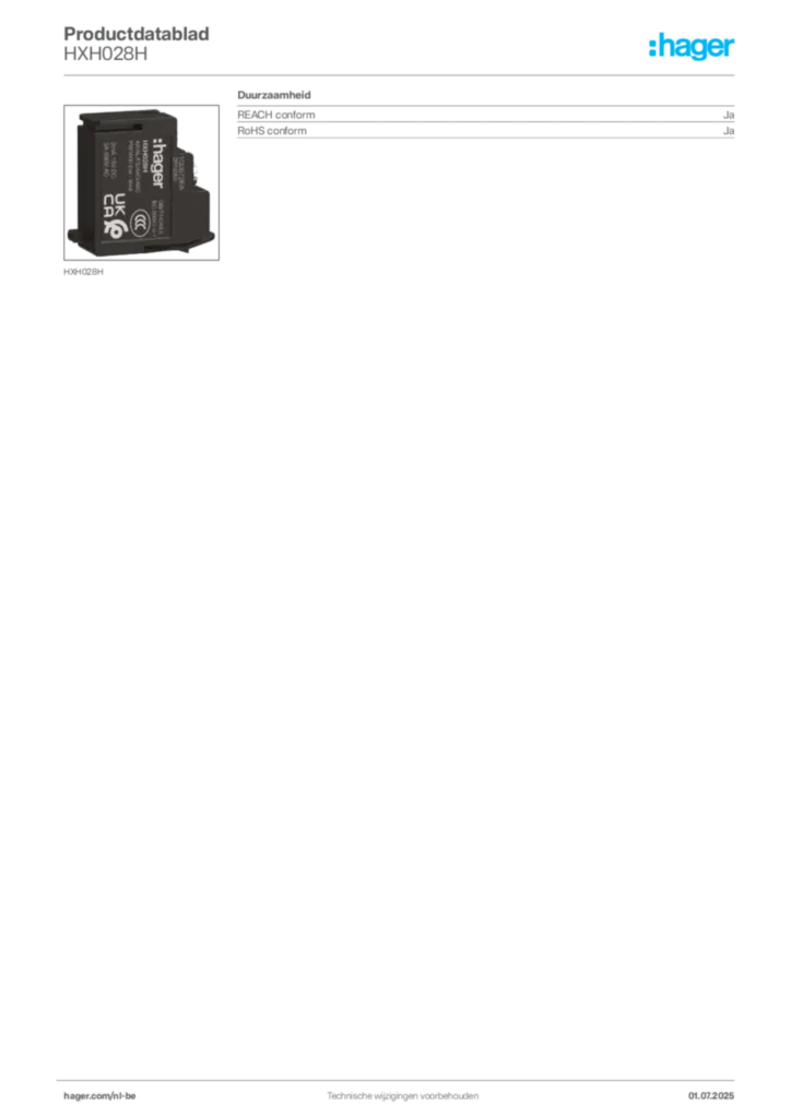 Afbeelding Hager Productdatablad HXH028H | Hager Belgium