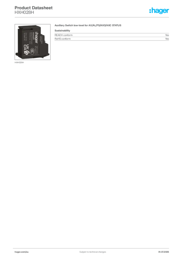 Image Hager Product data sheet HXH028H  | Hager Australia
