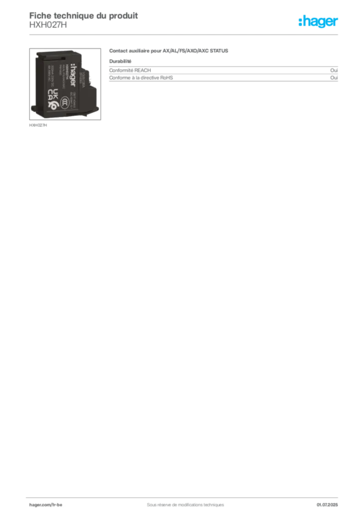 Image Hager Fiche technique du produit HXH027H | Hager Belgique