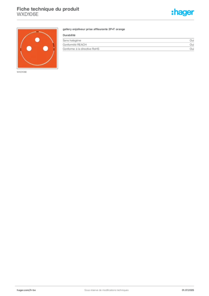 Image Hager Fiche technique du produit WXD106E | Hager Belgique