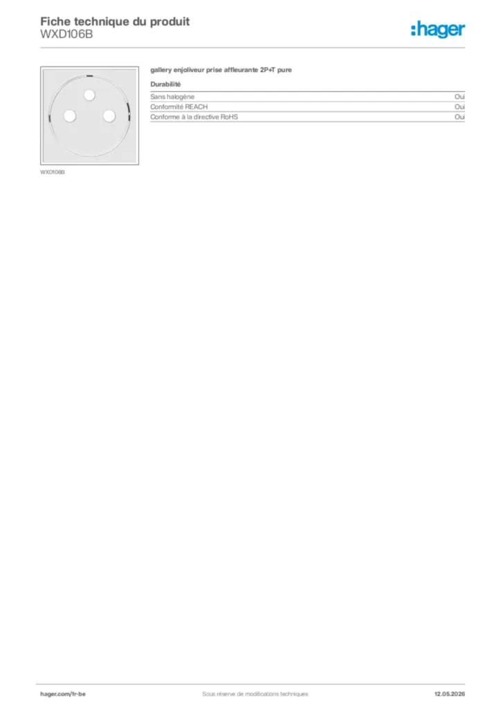 Image Hager Fiche technique du produit WXD106B | Hager Belgique