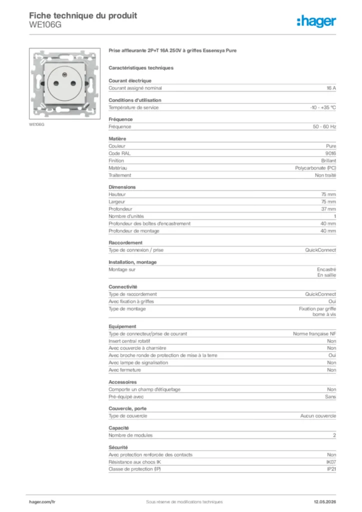 Image Hager Fiche technique du produit WE106G | Hager France