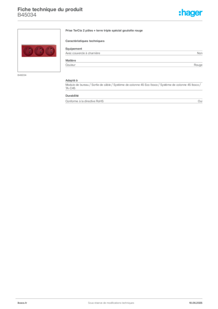 Image Iboco Fiche technique du produit B45034 | Hager France