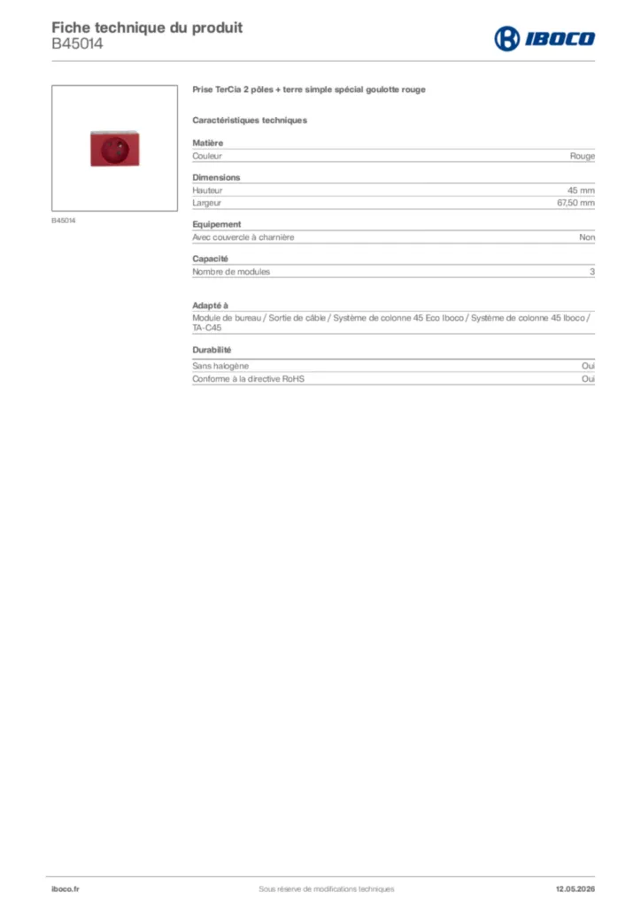 Image Iboco Fiche technique du produit B45014 | Hager France