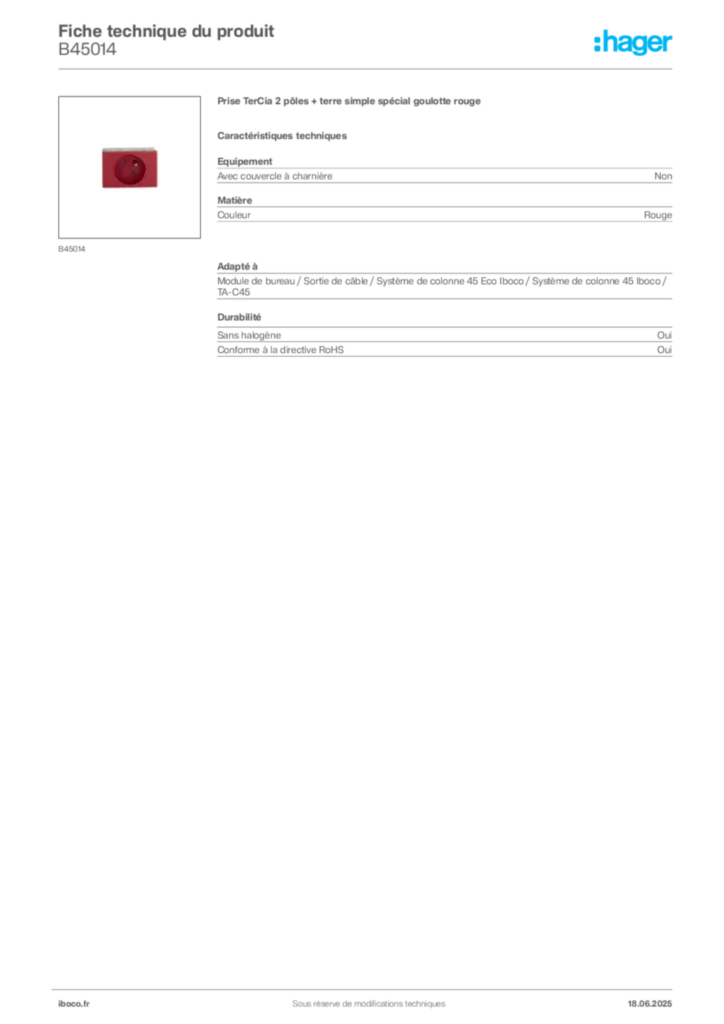 Image Iboco Fiche technique du produit B45014 | Hager France