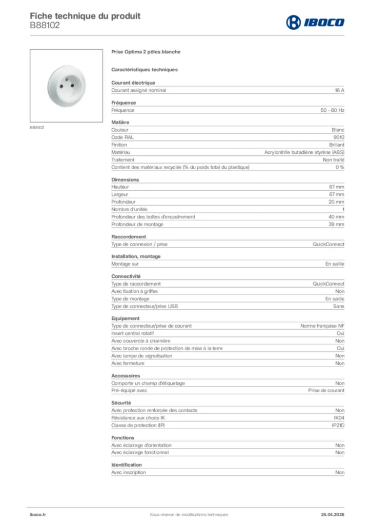 Image Iboco Fiche technique du produit B88102 | Hager France
