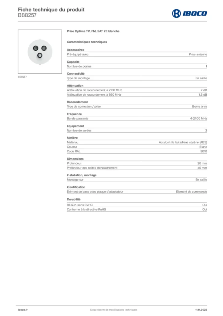 Image Iboco Fiche technique du produit B88257 | Hager France