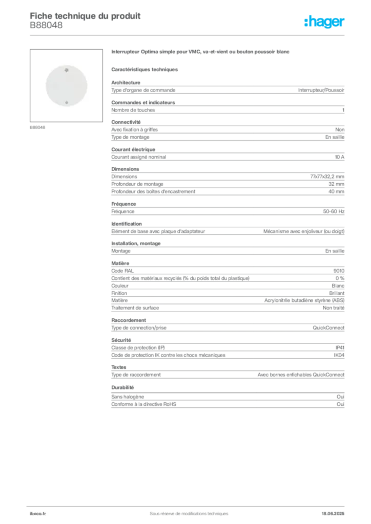 Image Iboco Fiche technique du produit B88048 | Hager France