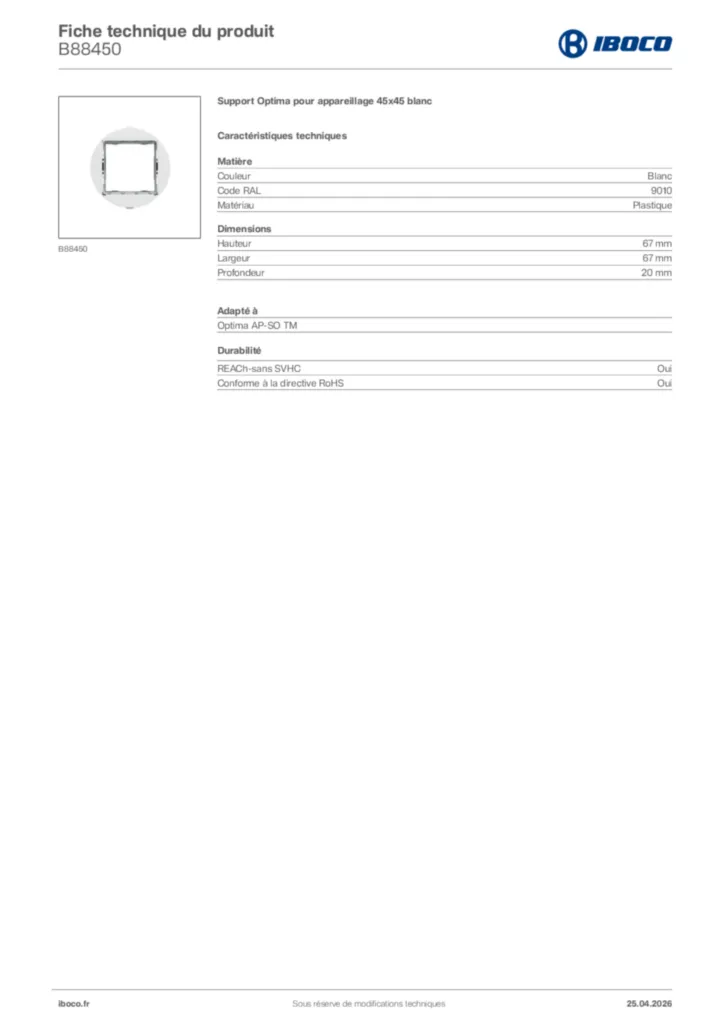 Image Iboco Fiche technique du produit B88450 | Hager France