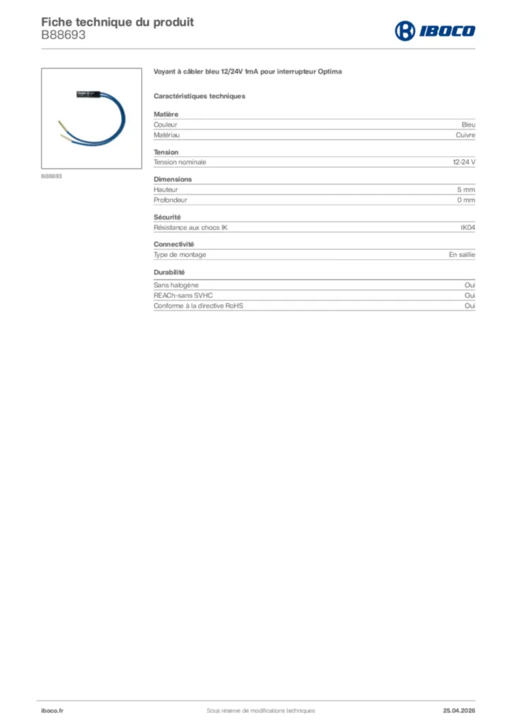 Image Iboco Fiche technique du produit B88693 | Hager France