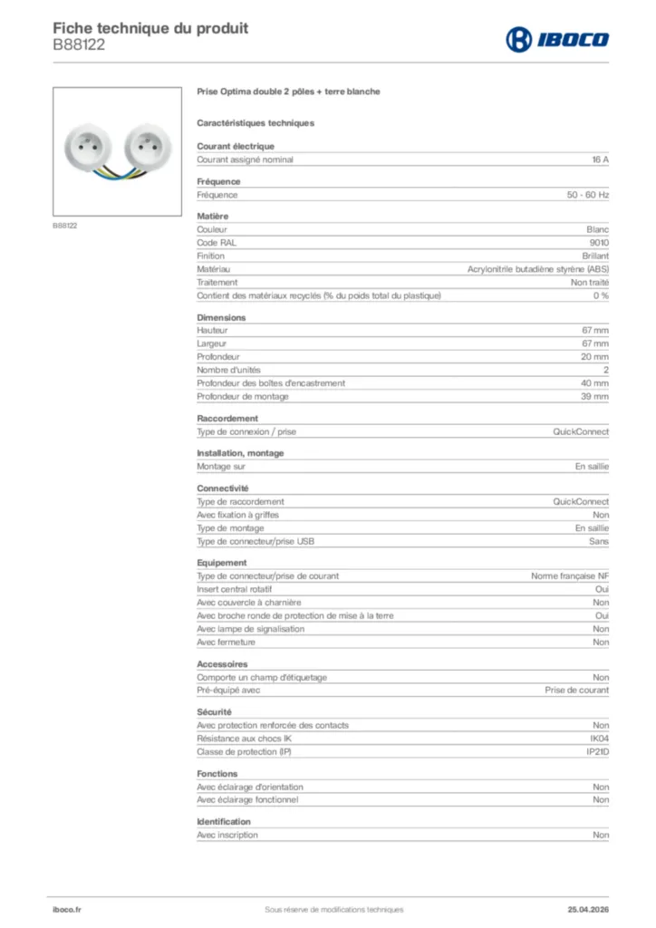 Image Iboco Fiche technique du produit B88122 | Hager France