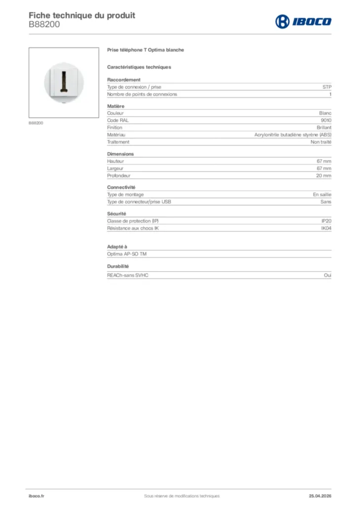 Image Iboco Fiche technique du produit B88200 | Hager France