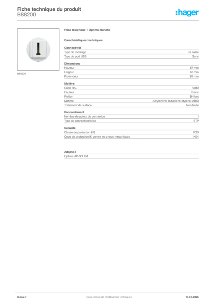 Image Iboco Fiche technique du produit B88200 | Hager France