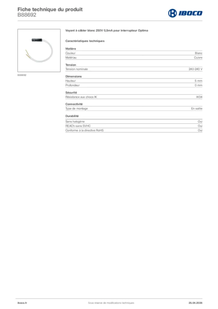 Image Iboco Fiche technique du produit B88692 | Hager France