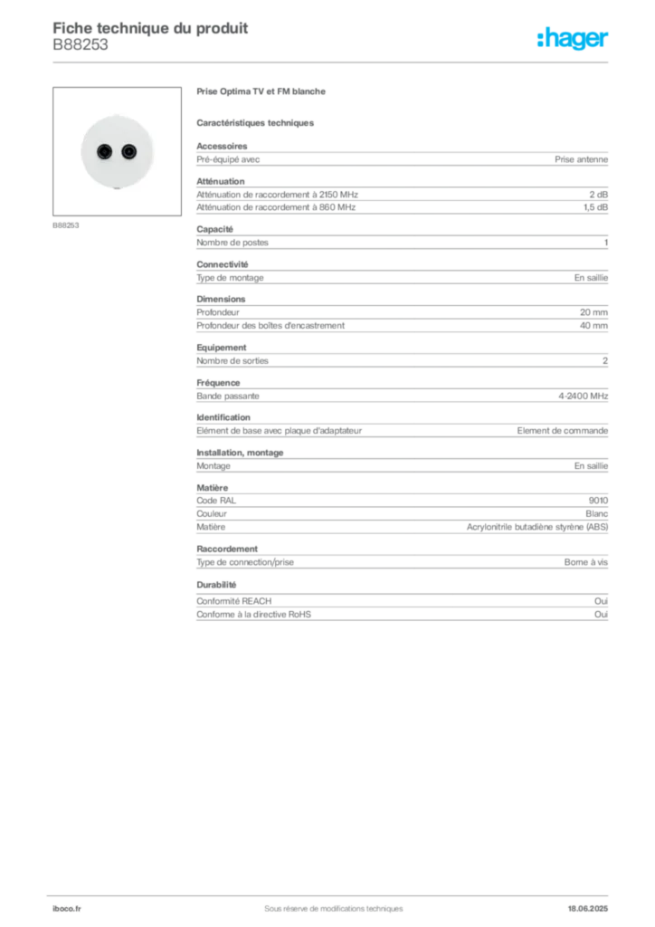 Image Iboco Fiche technique du produit B88253 | Hager France