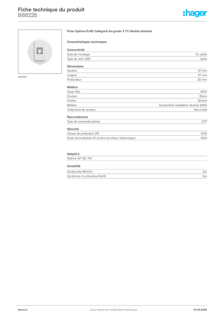 Image Iboco Fiche technique du produit B88228 | Hager France