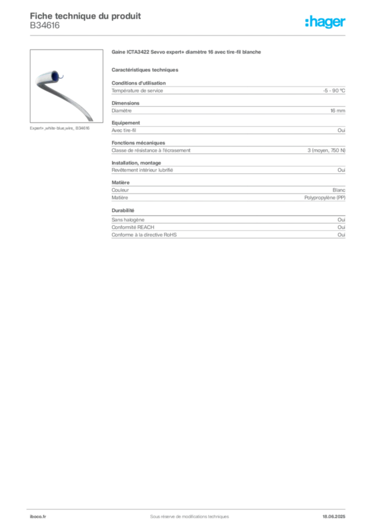 Image Iboco Fiche technique du produit B34616 | Hager France