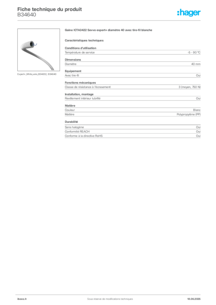 Image Iboco Fiche technique du produit B34640 | Hager France