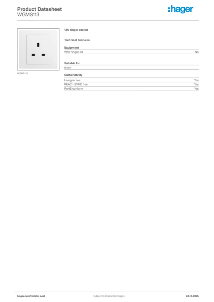 Image Hager Product data sheet WGMS113  | Hager