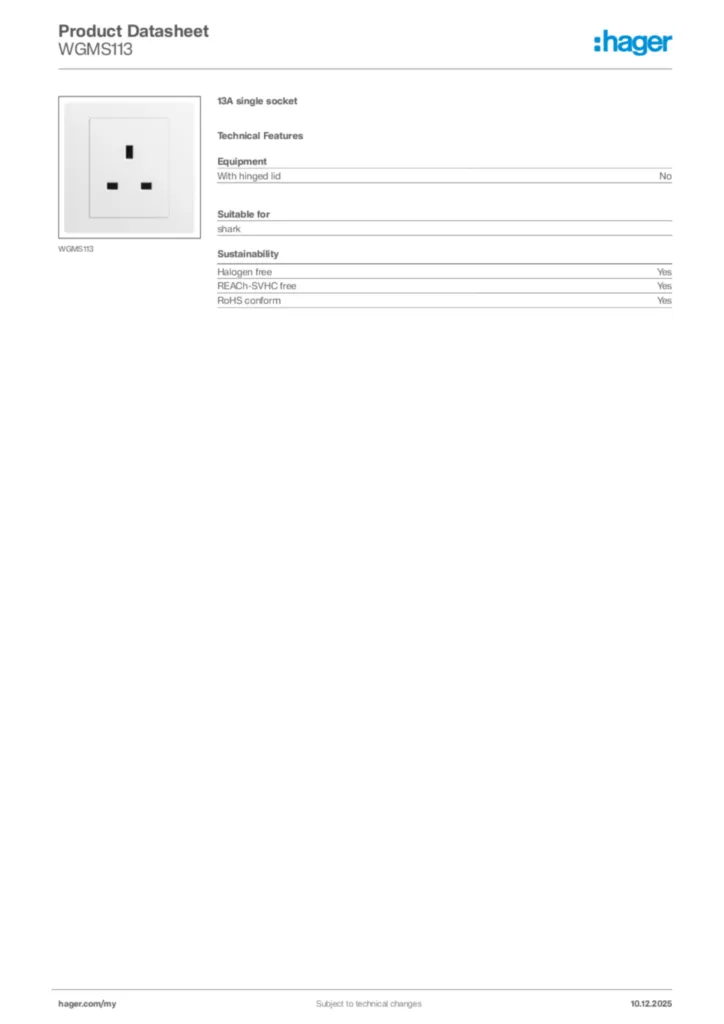 Image Hager Product data sheet WGMS113  | Hager