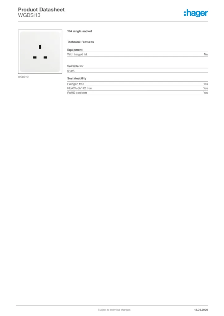 Image Hager Product data sheet WGDS113  | Hager