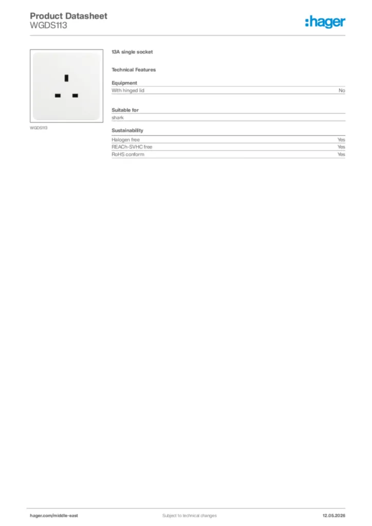 Image Hager Product data sheet WGDS113  | Hager