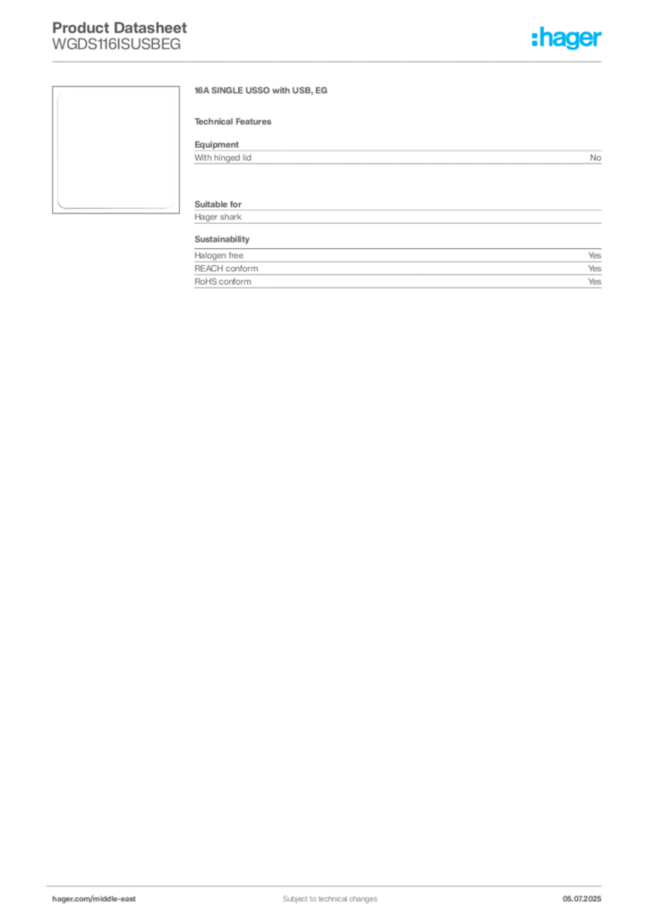 Image Hager Product data sheet WGDS116ISUSBEG  | Hager