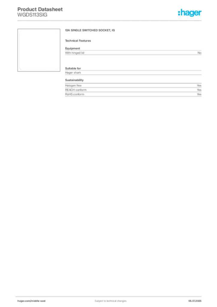 Image Hager Product data sheet WGDS113SIG  | Hager