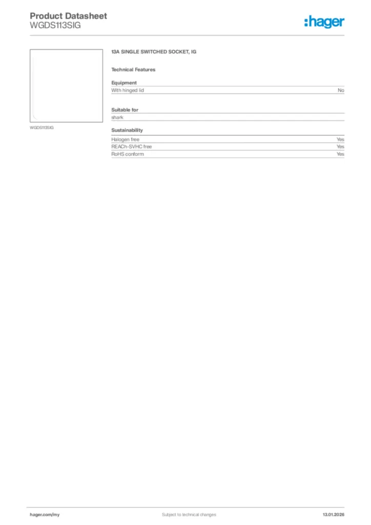 Image Hager Product data sheet WGDS113SIG  | Hager