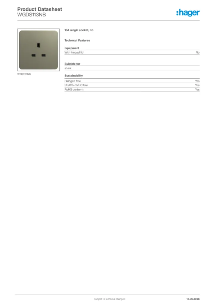Image Hager Product data sheet WGDS113NB  | Hager