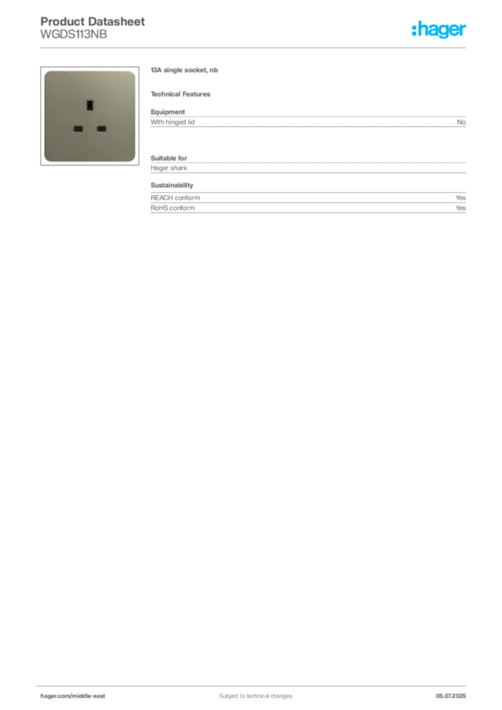 Image Hager Product data sheet WGDS113NB  | Hager
