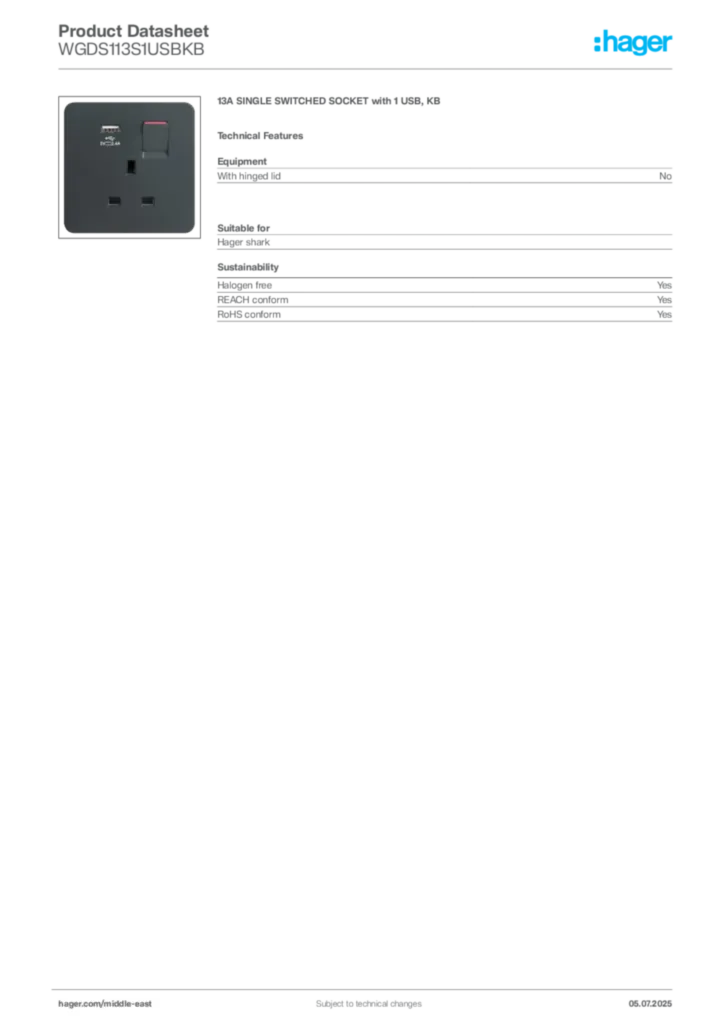 Image Hager Product data sheet WGDS113S1USBKB  | Hager