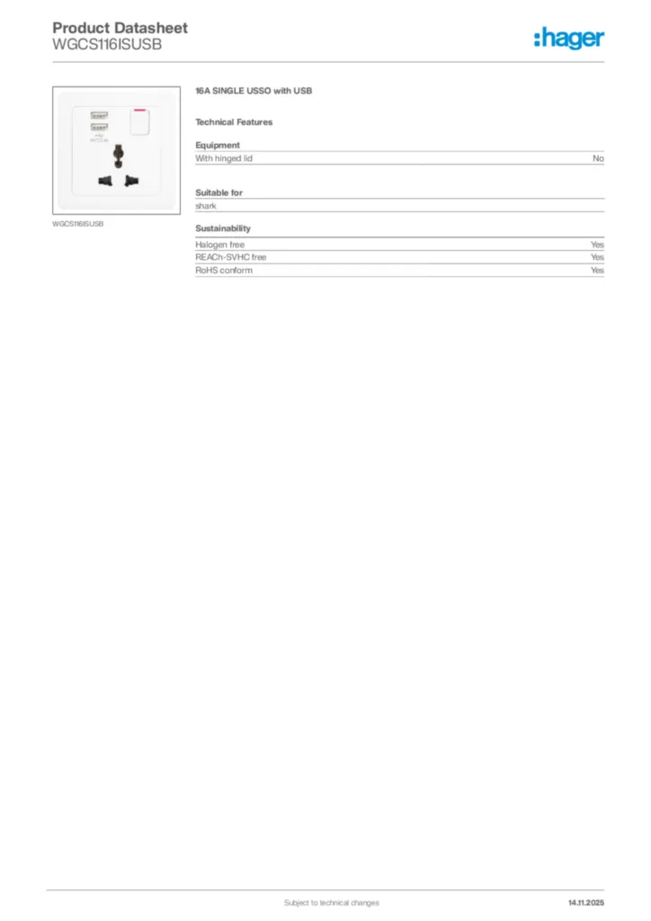 Image Hager Product data sheet WGCS116ISUSB  | Hager Africa