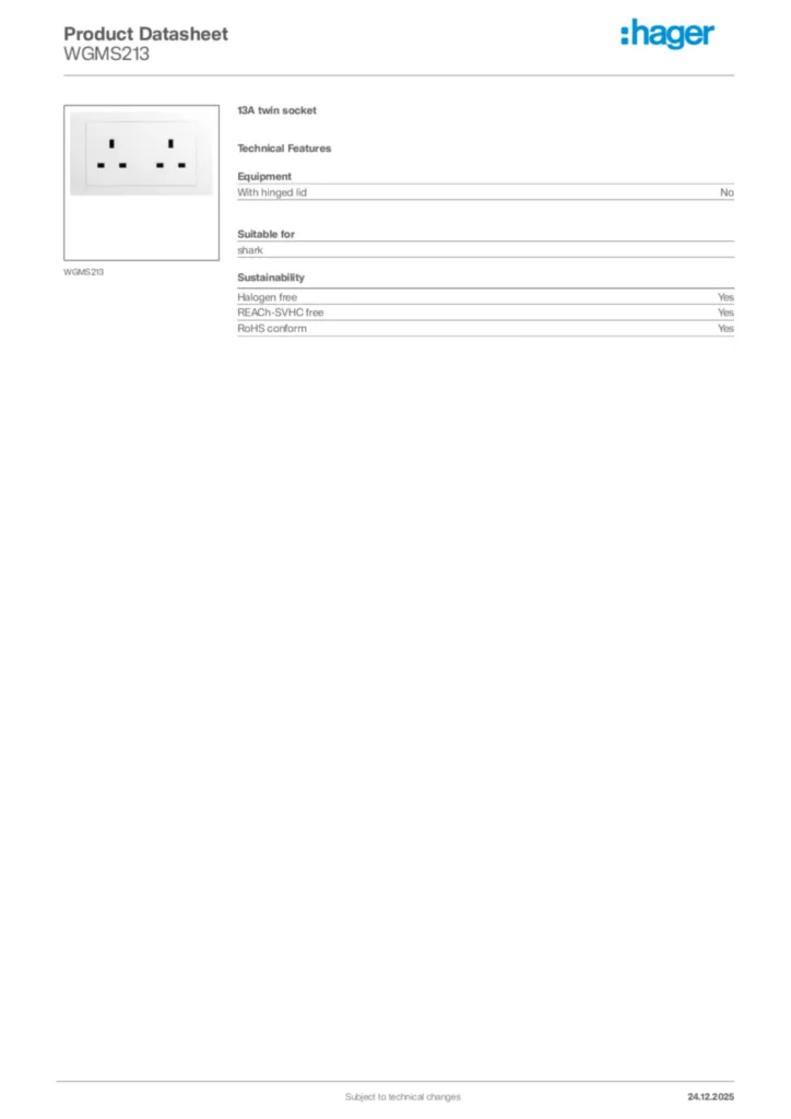 Image Hager Product data sheet WGMS213  | Hager