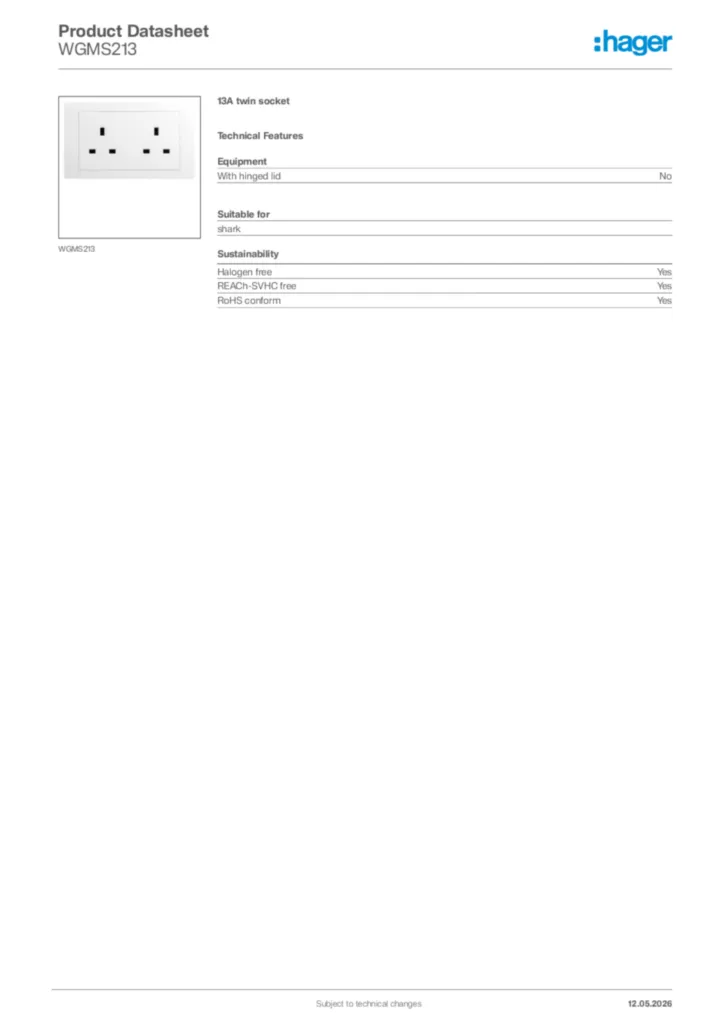 Image Hager Product data sheet WGMS213  | Hager