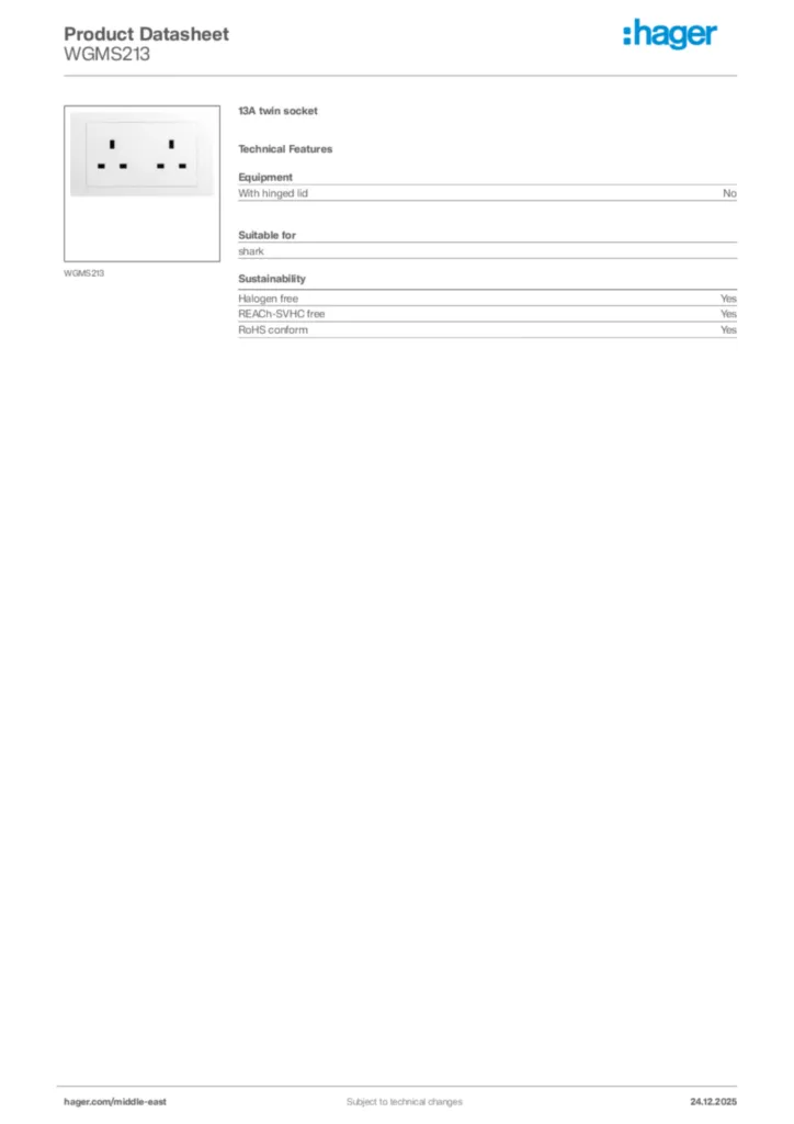 Image Hager Product data sheet WGMS213  | Hager