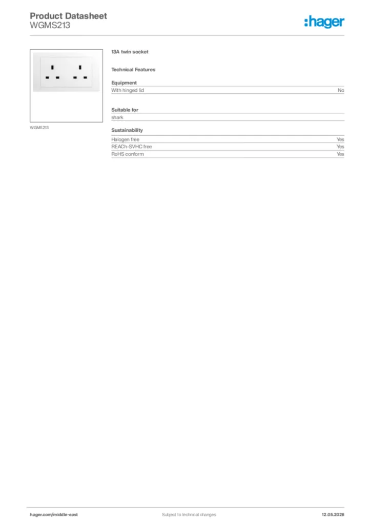 Image Hager Product data sheet WGMS213  | Hager