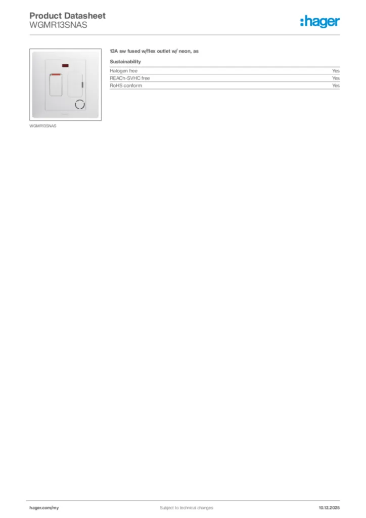 Image Hager Product data sheet WGMR13SNAS  | Hager