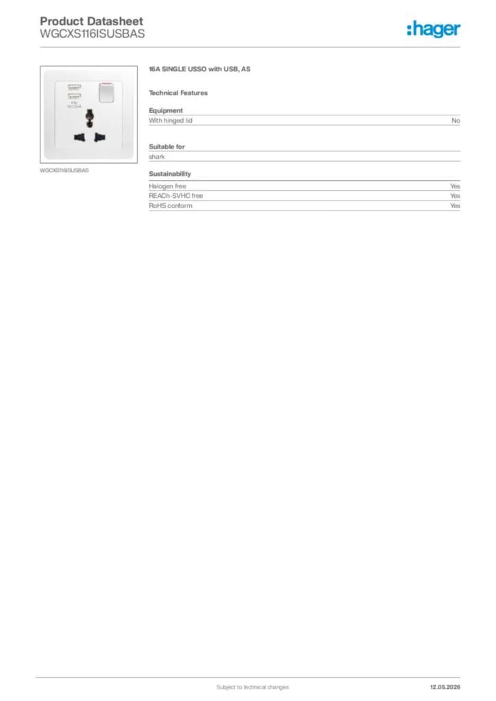 Image Hager Product data sheet WGCXS116ISUSBAS  | Hager Africa