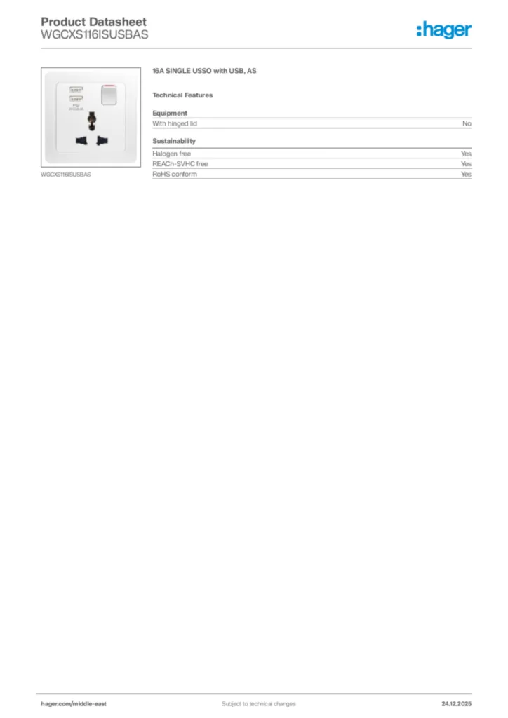 Image Hager Product data sheet WGCXS116ISUSBAS  | Hager