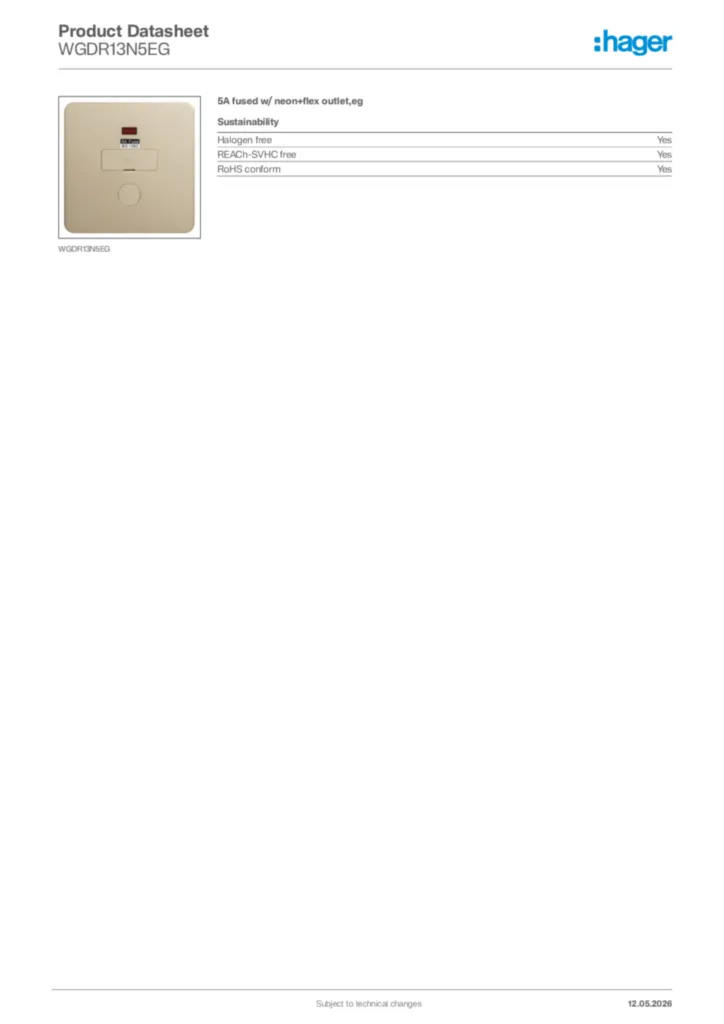 Image Hager Product data sheet WGDR13N5EG  | Hager