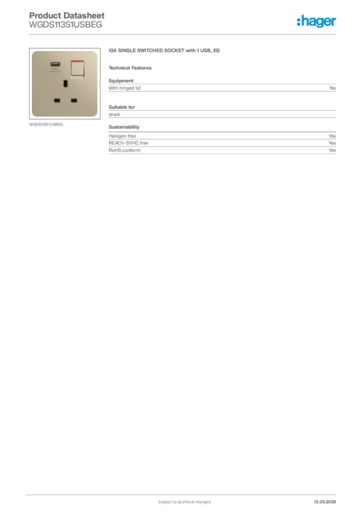 Image Hager Product data sheet WGDS113S1USBEG  | Hager